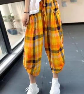 2022 Estate Nuove Donne di Stile di Arti Elastico In Vita Casual Polpaccio Pantaloni Larghi Vintage Cotone Lino Plaid Pantaloni