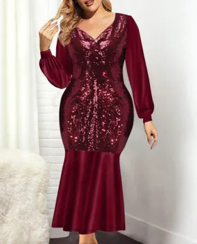 Abito da donna elegante con paillettes taglie forti Abito lungo aderente a maniche lunghe autunnale Abito da festa per gli ospit