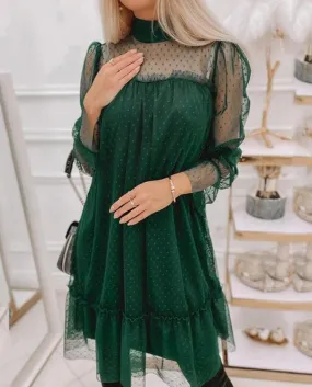 Abito da donna elegante in rete verde con patckwork Abito da cerimonia longuette arricciato a maniche lunghe casual a maniche lu