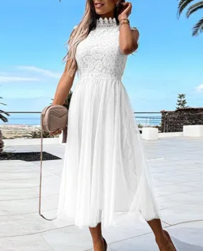 Abito estivo elegante con ricamo in pizzo bianco Abito da donna senza maniche con temperamento sottile o collo senza maniche Abi