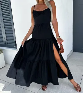 Abito lungo senza maniche con spalline da donna Elegante abito da sera solido con spacco alto Moda estiva Pieghettato Spiaggia s